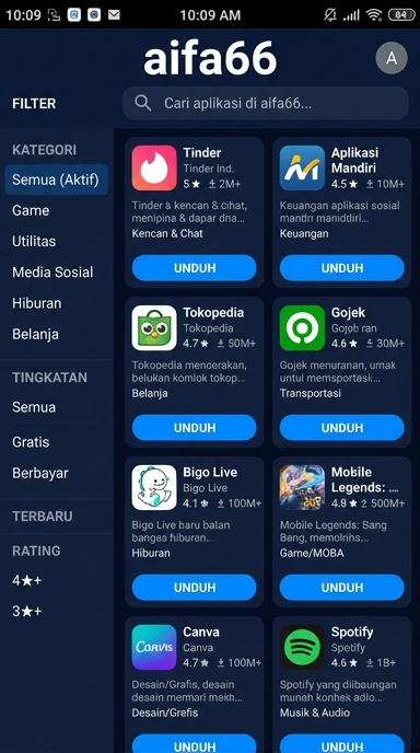Tampilan katalog aplikasi aifa66