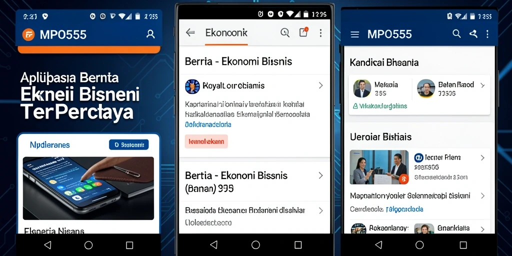 Tampilan antarmuka aplikasi MPO555 dengan berita ekonomi dan analisis bisnis.