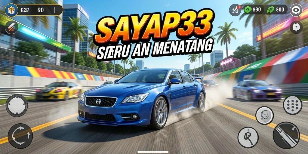 Antarmuka permainan SAYAP33 menampilkan mobil dan lintasan balap yang menarik.